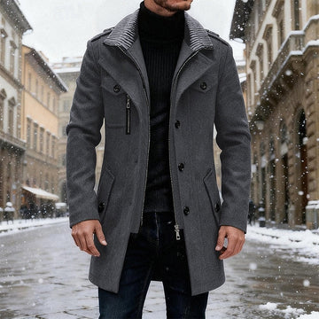 Structured Overcoat with Upright Collar and Deep Side Pockets, Button Front
