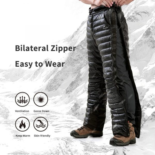 Goose Down Insulated Pants with Full Leg Side Zippers and Water Resistant Lower Legs