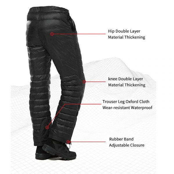 Goose Down Insulated Pants with Full Leg Side Zippers and Water Resistant Lower Legs