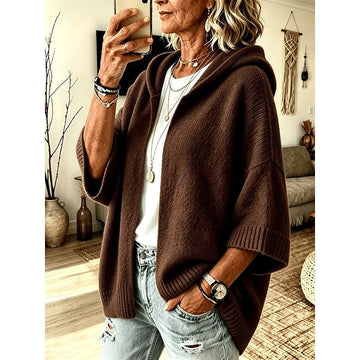 Open Front Hooded Cardigan with Three Quarter Sleeves and Textured Knit