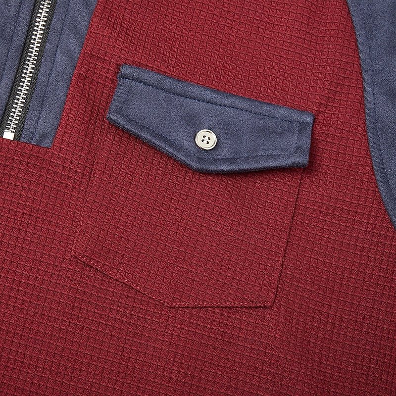 Textured Quarter Zip Pullover with Elbow Patches and Chest Pocket, Ribbed Cuffs