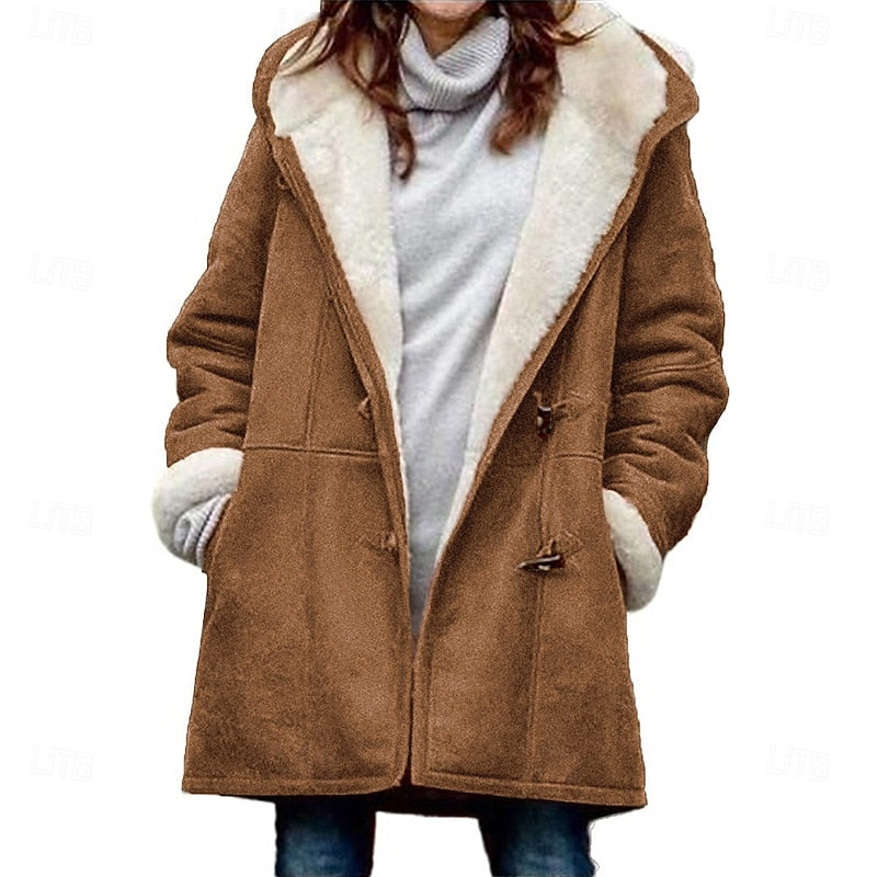 Button Front Winter Coat with Attached Hood and Insulated Fabric, Hip Length