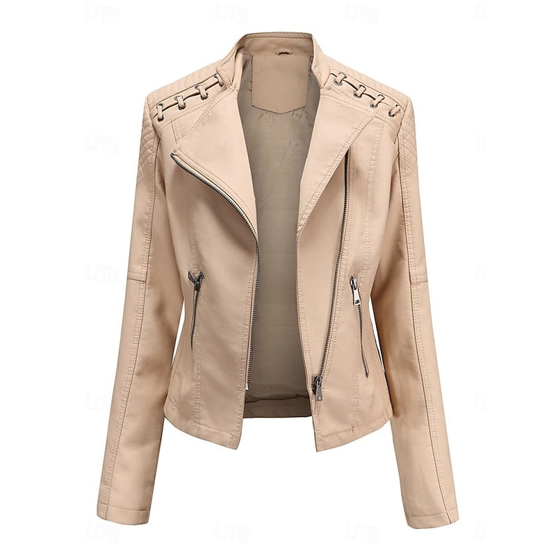 Biker Jacket with Front Zip and Tailored Fit for Fall Winter