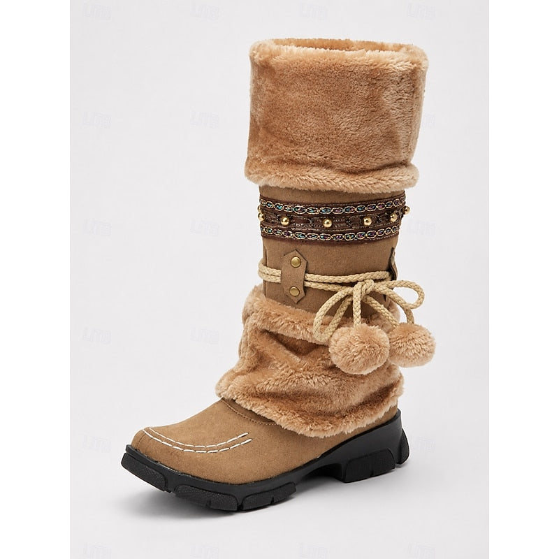 Slip On Mid Calf Boots with Faux Fur Cuff and Braided Pom Pom Trim