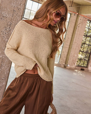 Open Knit Sweater with Rolled Trim Finish and Stretch Fit
