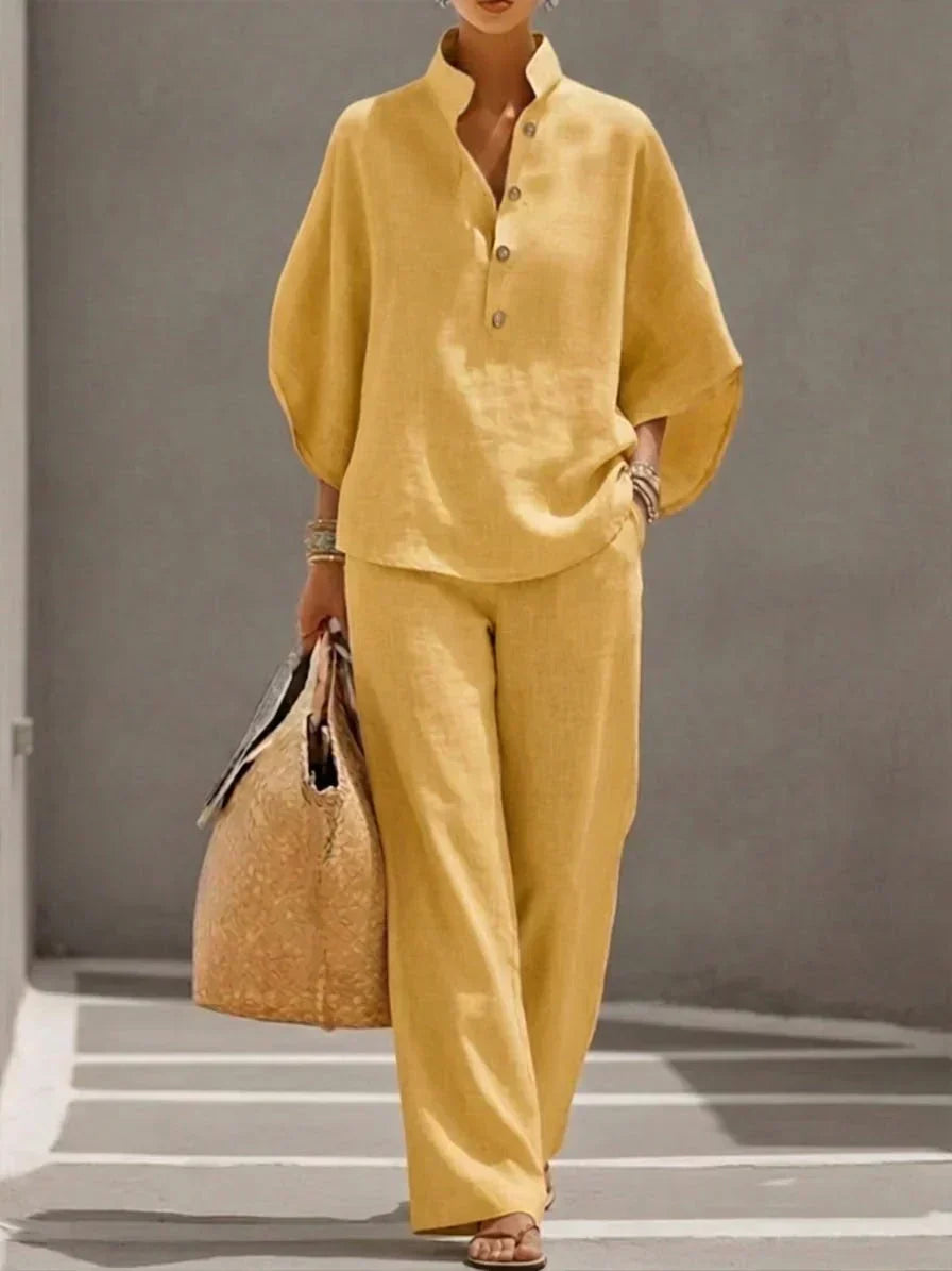 Women's Linen Button-Up Shirt and Pants Two Piece Set - Half Placket - Relaxed Fit