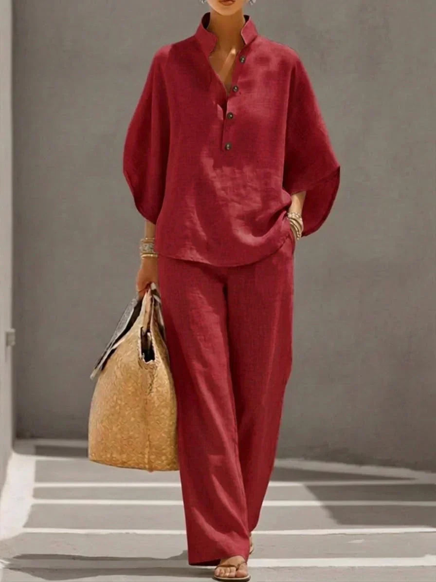 Women's Linen Button-Up Shirt and Pants Two Piece Set - Half Placket - Relaxed Fit
