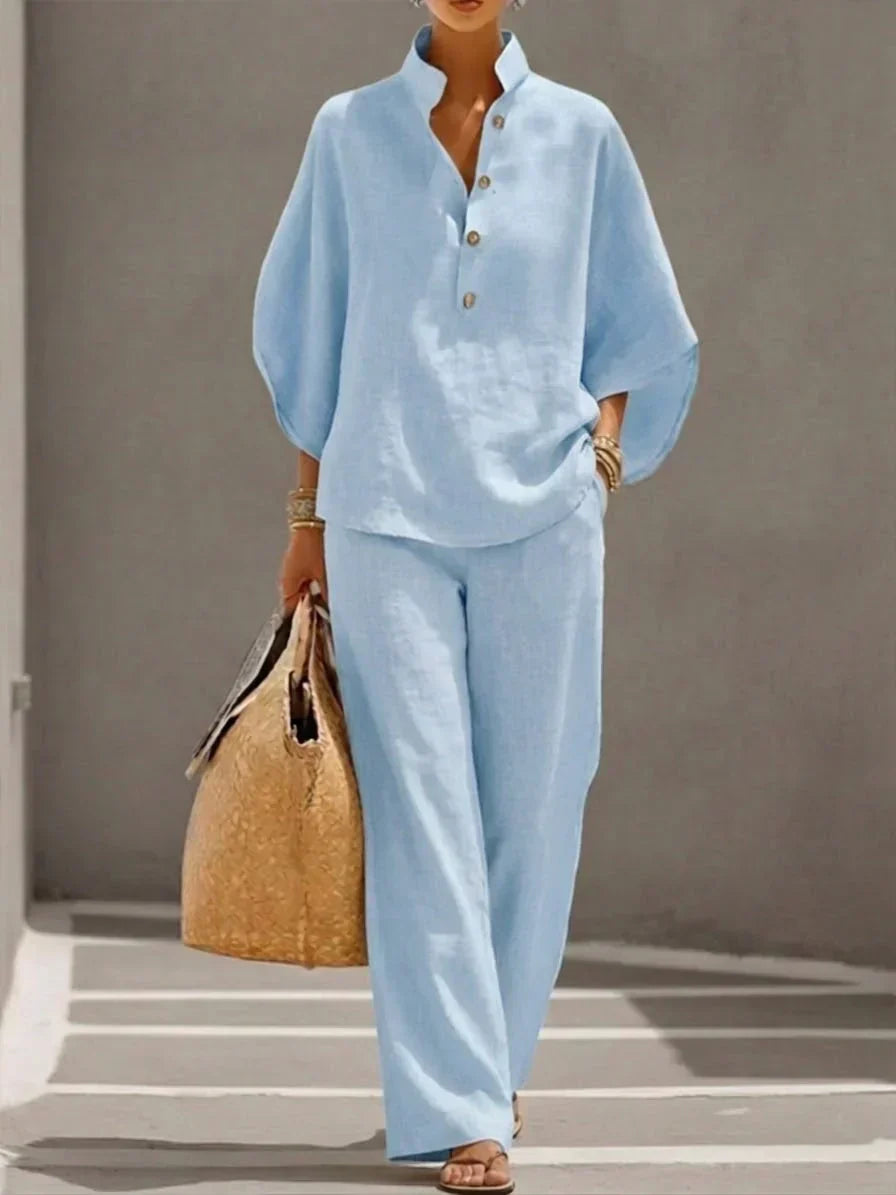 Women's Linen Button-Up Shirt and Pants Two Piece Set - Half Placket - Relaxed Fit