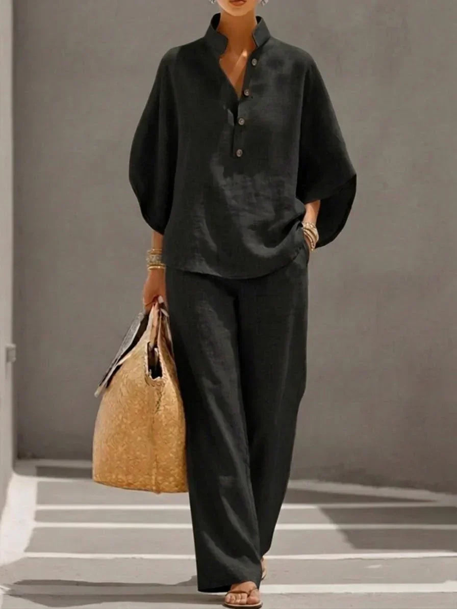 Women's Linen Button-Up Shirt and Pants Two Piece Set - Half Placket - Relaxed Fit