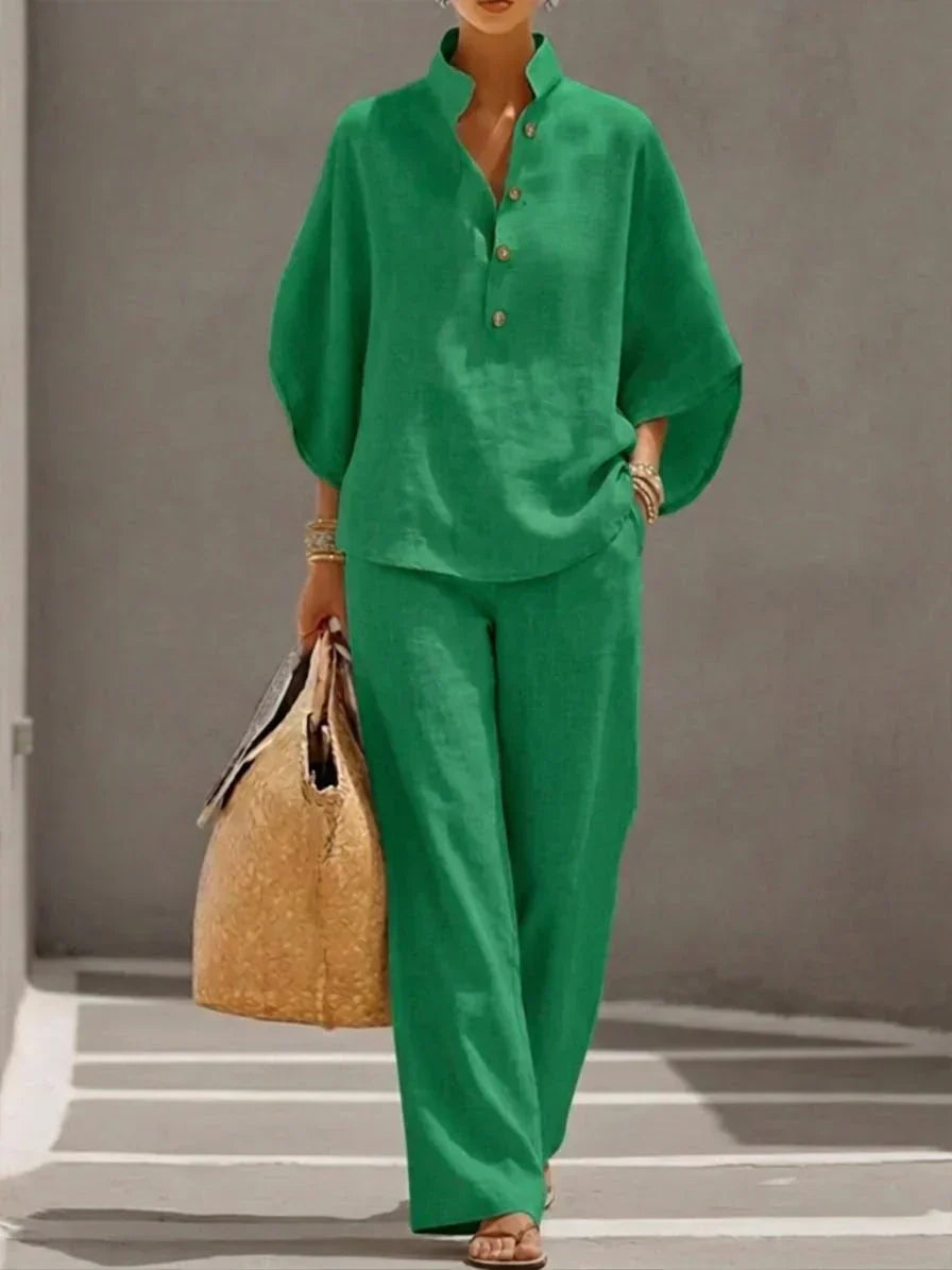Women's Linen Button-Up Shirt and Pants Two Piece Set - Half Placket - Relaxed Fit