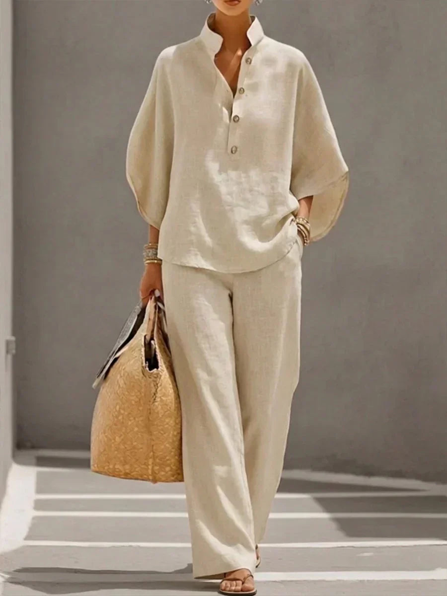 Women's Linen Button-Up Shirt and Pants Two Piece Set - Half Placket - Relaxed Fit
