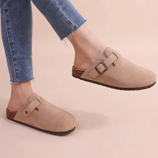 Women’s Slip On Mules - Buckle Strap Clogs - Cork Sole Slippers for Everyday Wear