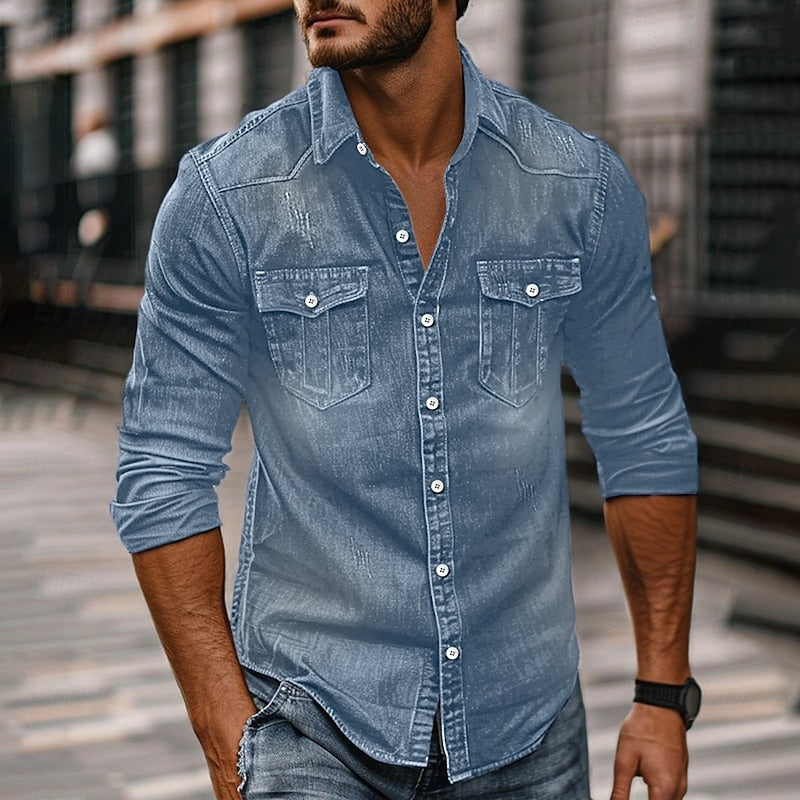Relaxed Fit Collared Shirt with Pointed Collar and Adjustable Button Cuffs