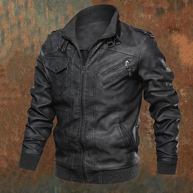 Full Zip Biker Jacket with Stand Collar and Ribbed Cuffs