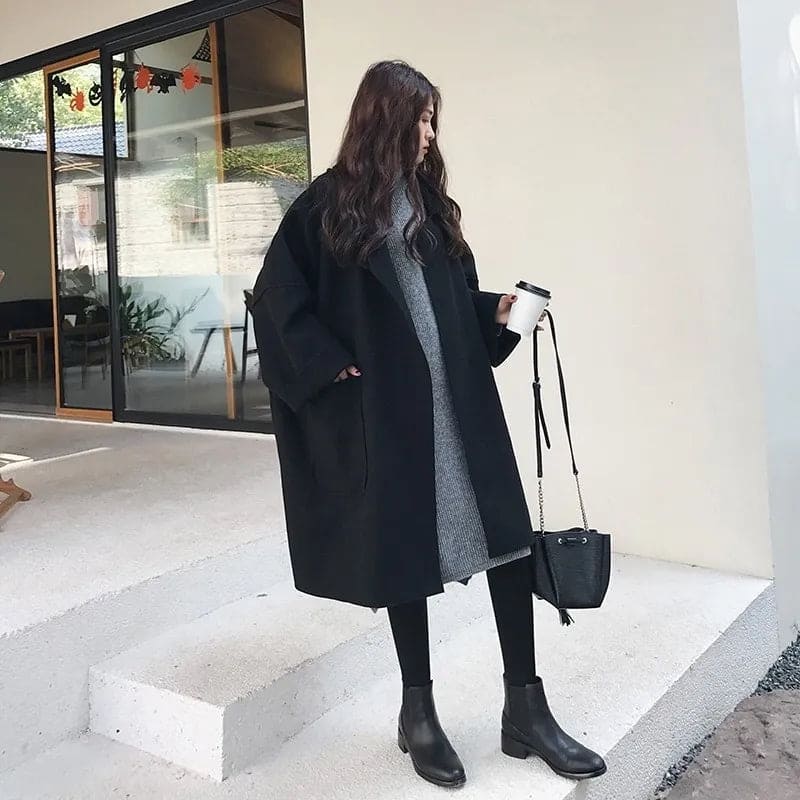 Women’s Oversized Mid-Length Coat with Notched Lapel and Front Pockets