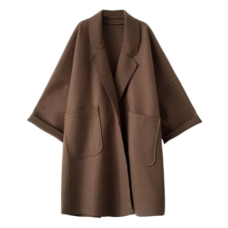 Women’s Oversized Mid-Length Coat with Notched Lapel and Front Pockets