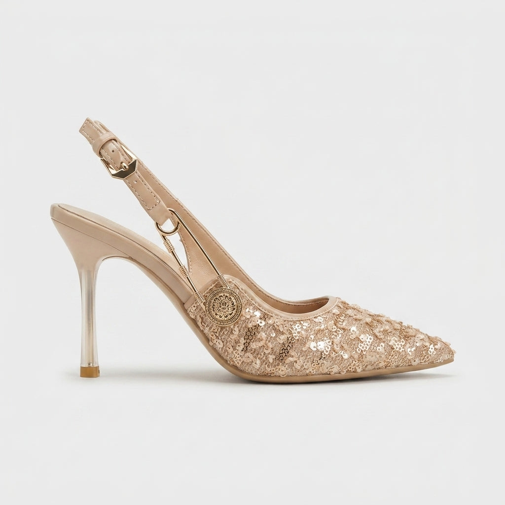 Women's Stiletto Heels - Pointed Toe - Sequin Upper - Slingback Buckle Strap
