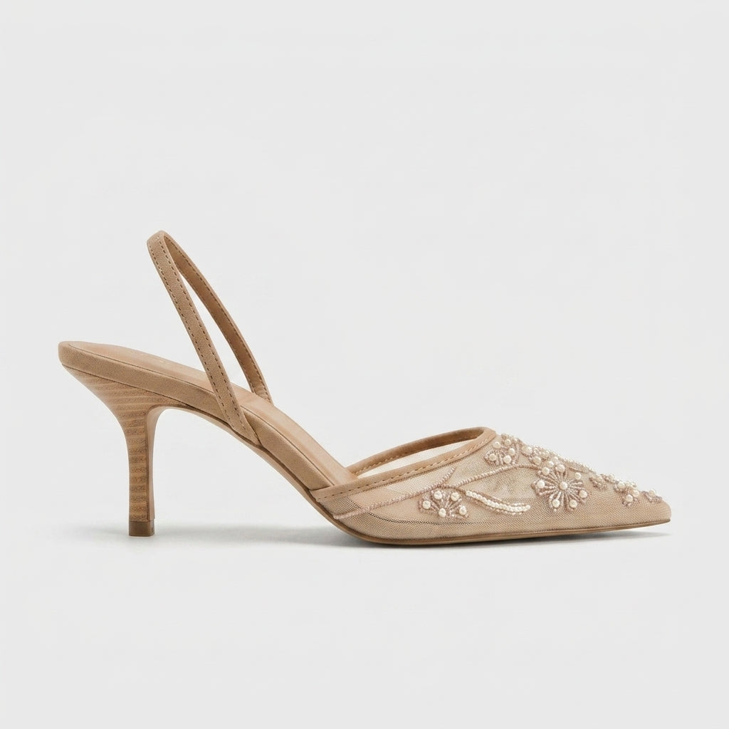 Women's Embroidered Floral Mesh Pointed Toe Slingback Heels