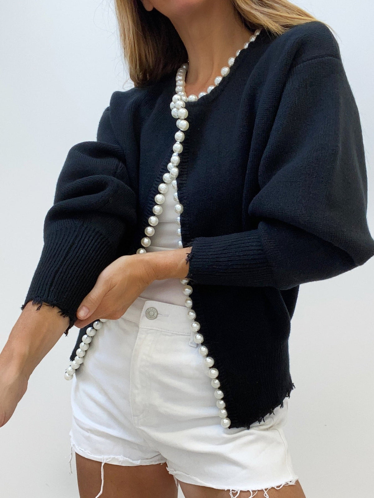 Button Front Knit Cardigan with Pearl Trim for Women, Regular Fit