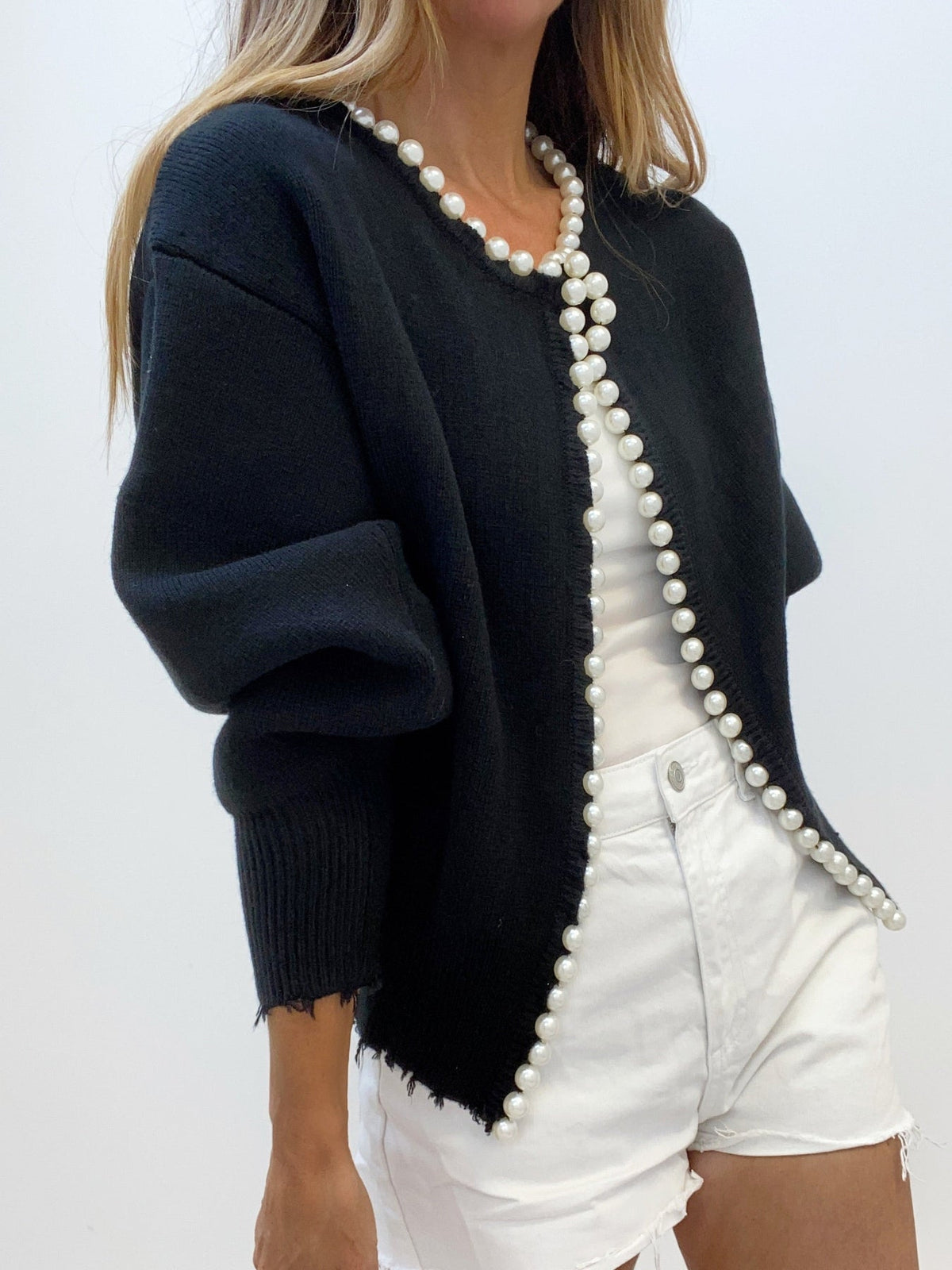 Button Front Knit Cardigan with Pearl Trim for Women, Regular Fit