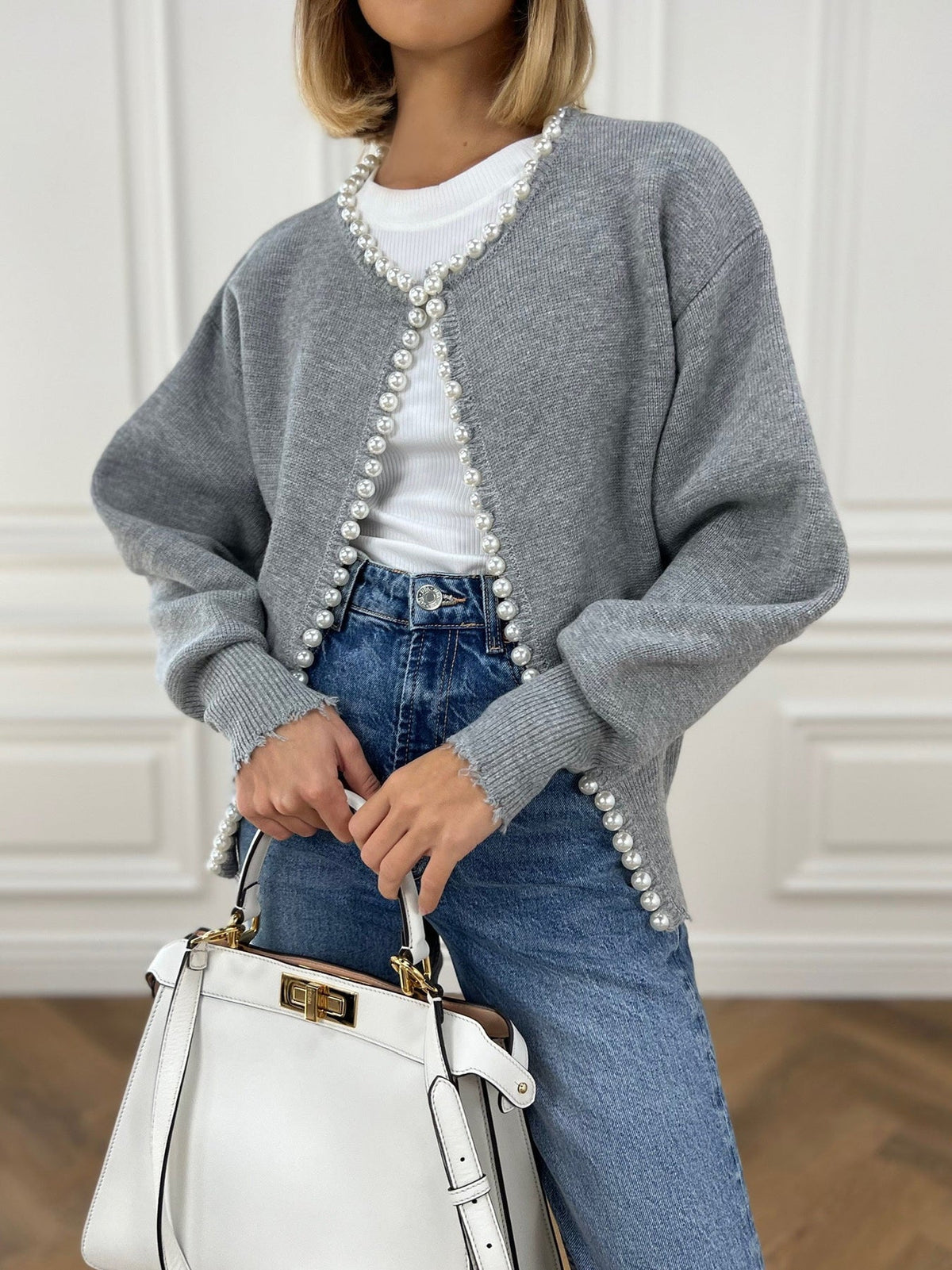 Button Front Knit Cardigan with Pearl Trim for Women, Regular Fit