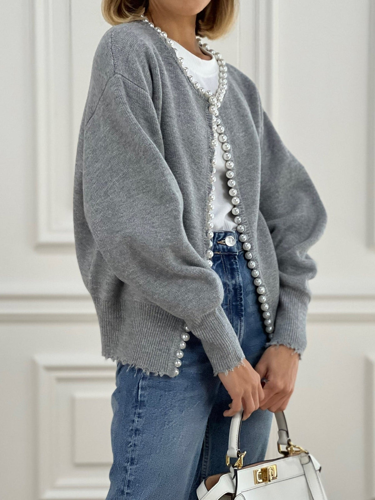 Button Front Knit Cardigan with Pearl Trim for Women, Regular Fit