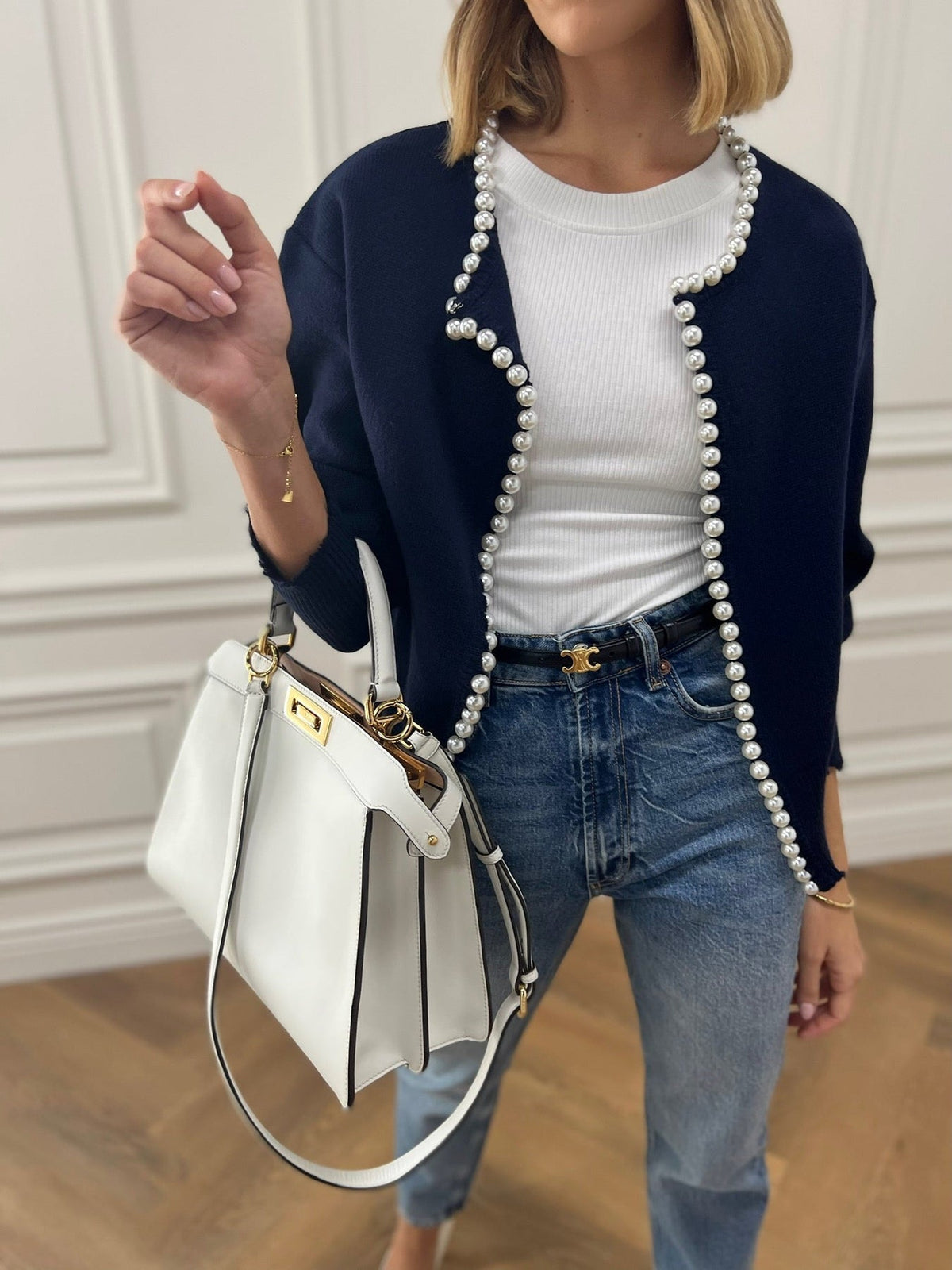 Button Front Knit Cardigan with Pearl Trim for Women, Regular Fit