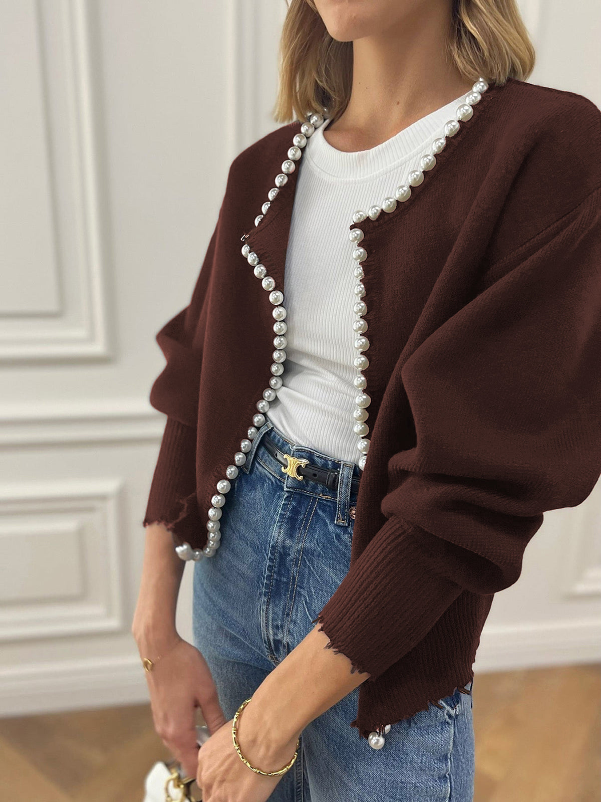 Button Front Knit Cardigan with Pearl Trim for Women, Regular Fit