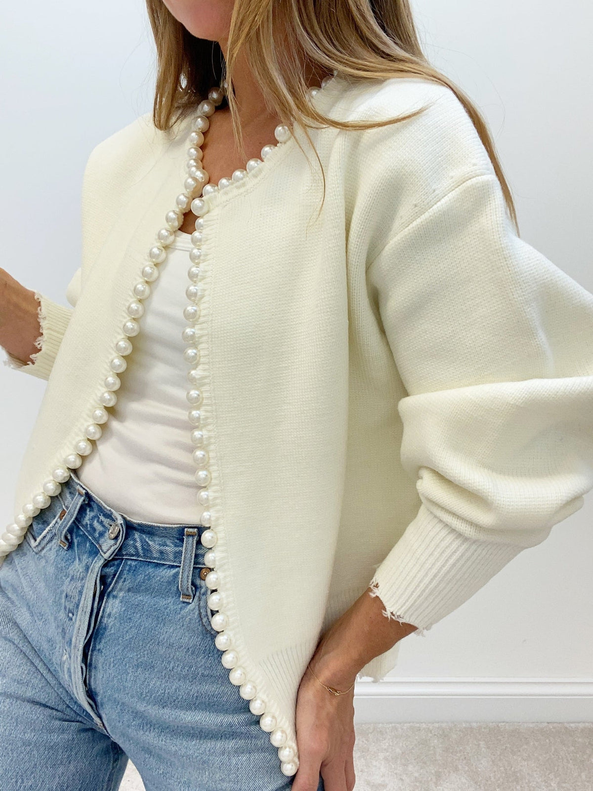 Button Front Knit Cardigan with Pearl Trim for Women, Regular Fit