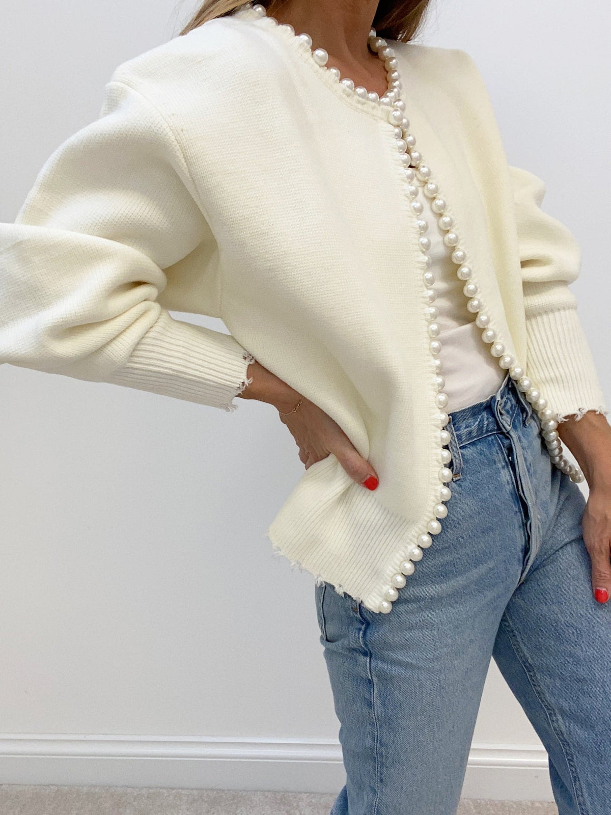 Button Front Knit Cardigan with Pearl Trim for Women, Regular Fit