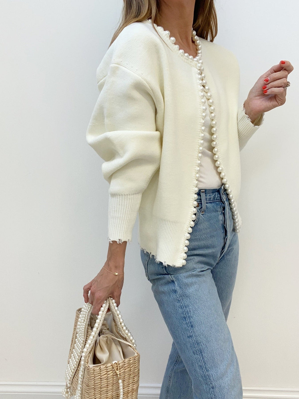 Button Front Knit Cardigan with Pearl Trim for Women, Regular Fit