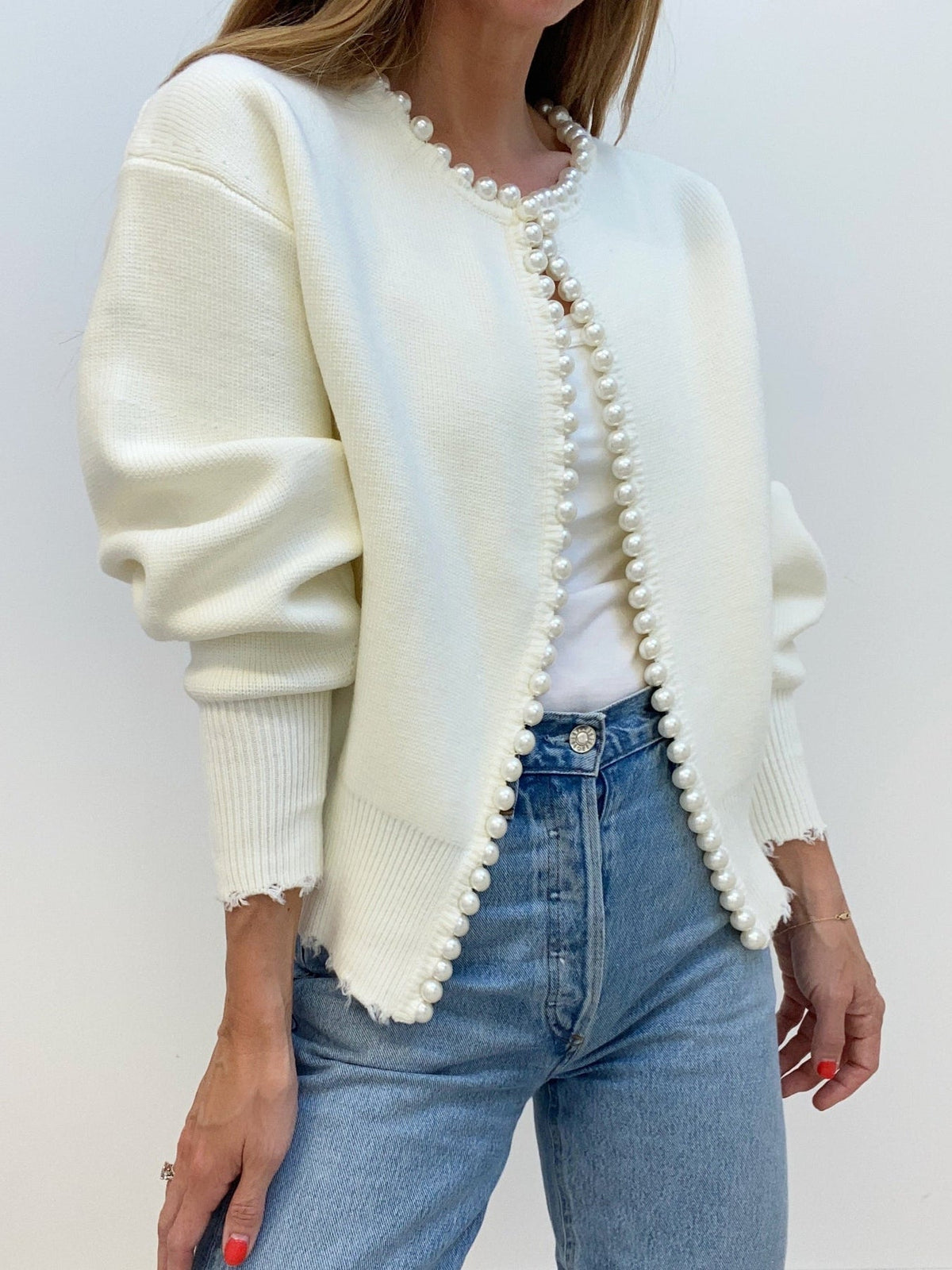 Button Front Knit Cardigan with Pearl Trim for Women, Regular Fit