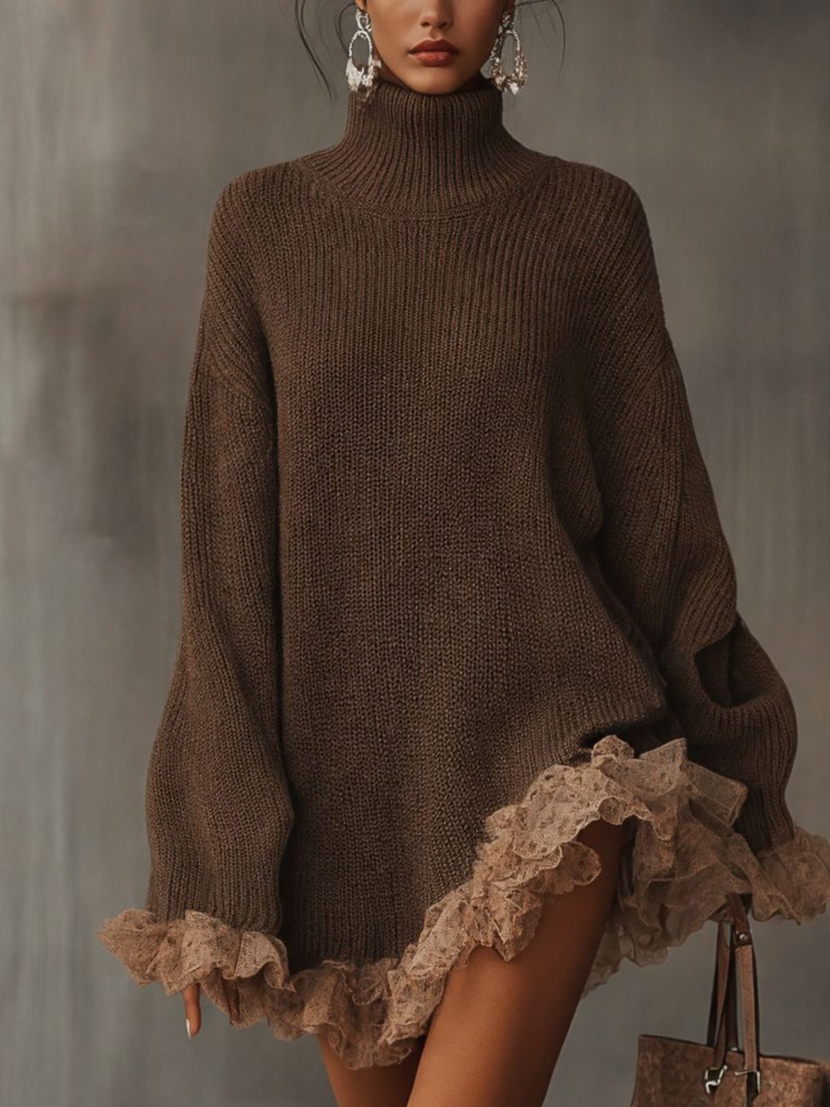 Oversized Turtleneck Sweater Dress with Ruffled Hem for Women