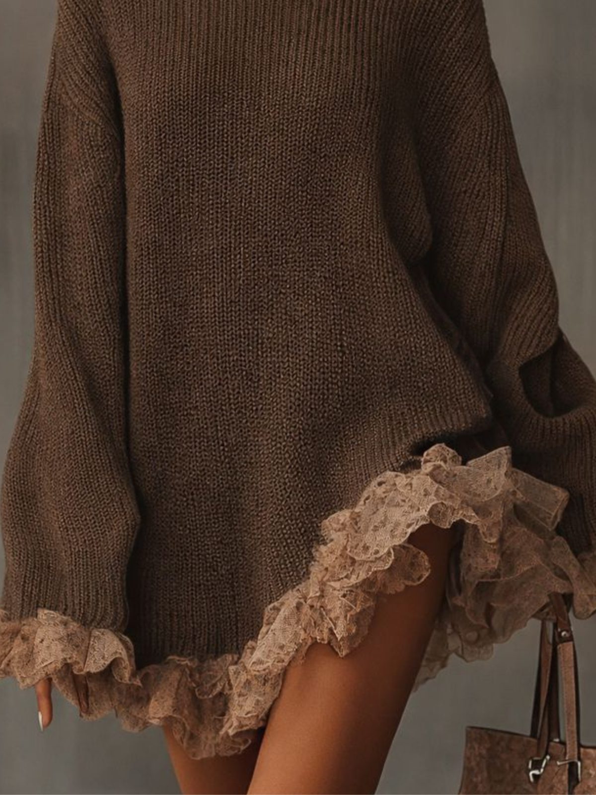Oversized Turtleneck Sweater Dress with Ruffled Hem for Women - View 2