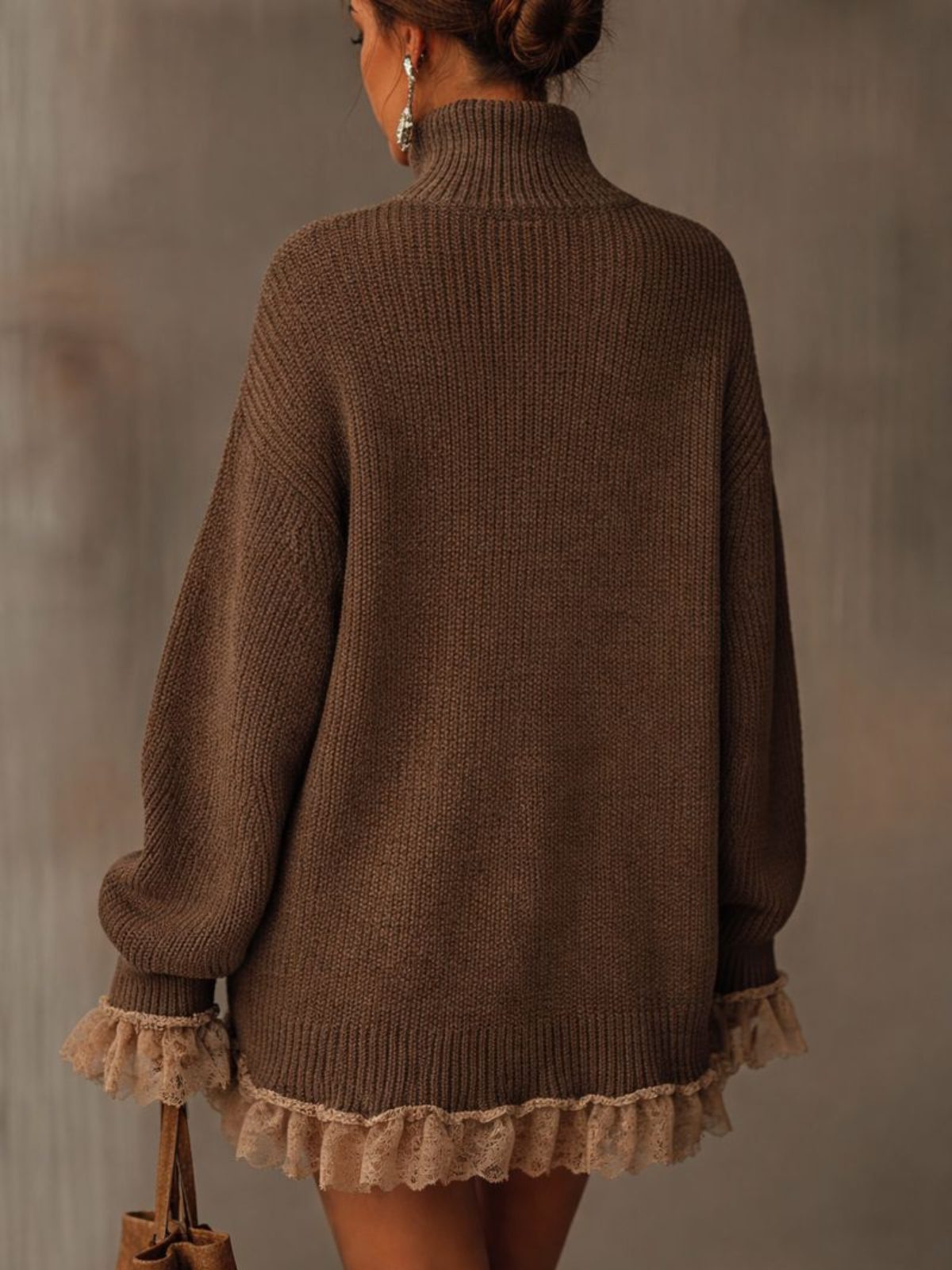 Oversized Turtleneck Sweater Dress with Ruffled Hem for Women - View 3