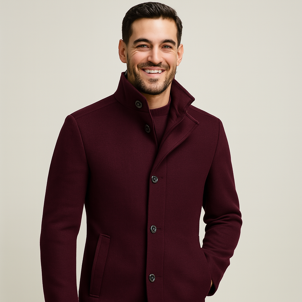 Men's Wool Blend Coat with Removable Inner Vest and Stand Collar