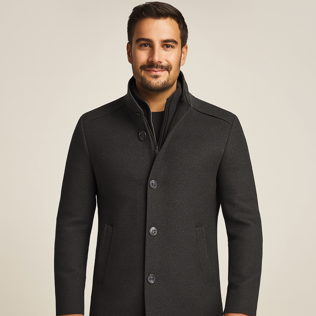 Men's Wool Blend Coat with Removable Inner Vest and Stand Collar