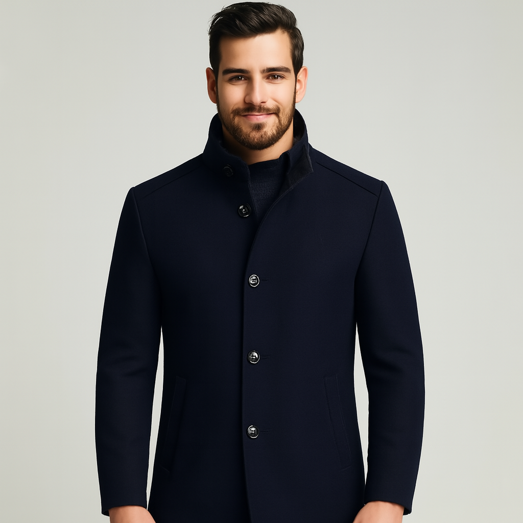 Men's Wool Blend Coat with Removable Inner Vest and Stand Collar