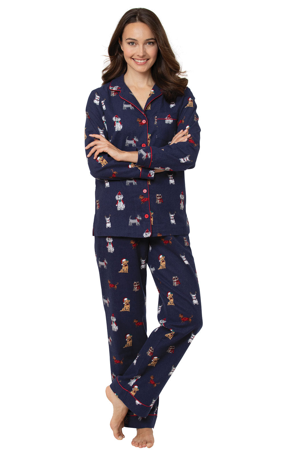 Flannel Pajama Set with Festive Dog Print and Drawstring Waist