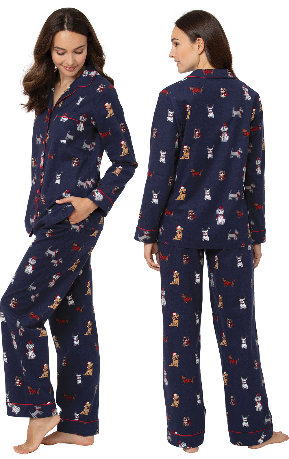 Flannel Pajama Set with Festive Dog Print and Drawstring Waist