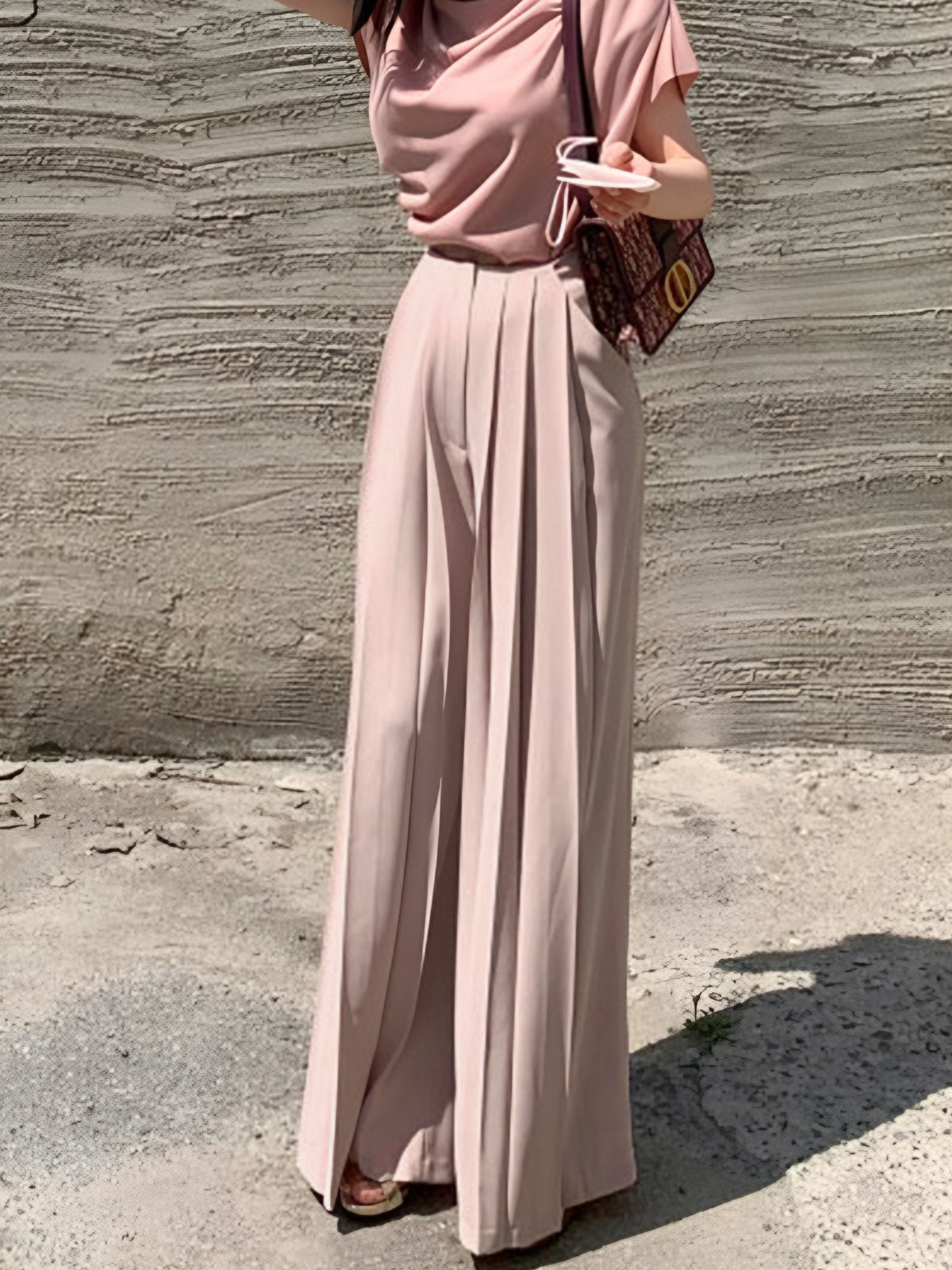Women's Pleated Pants with Vertical Front Pleats and Ankle Length, Woven Fabric