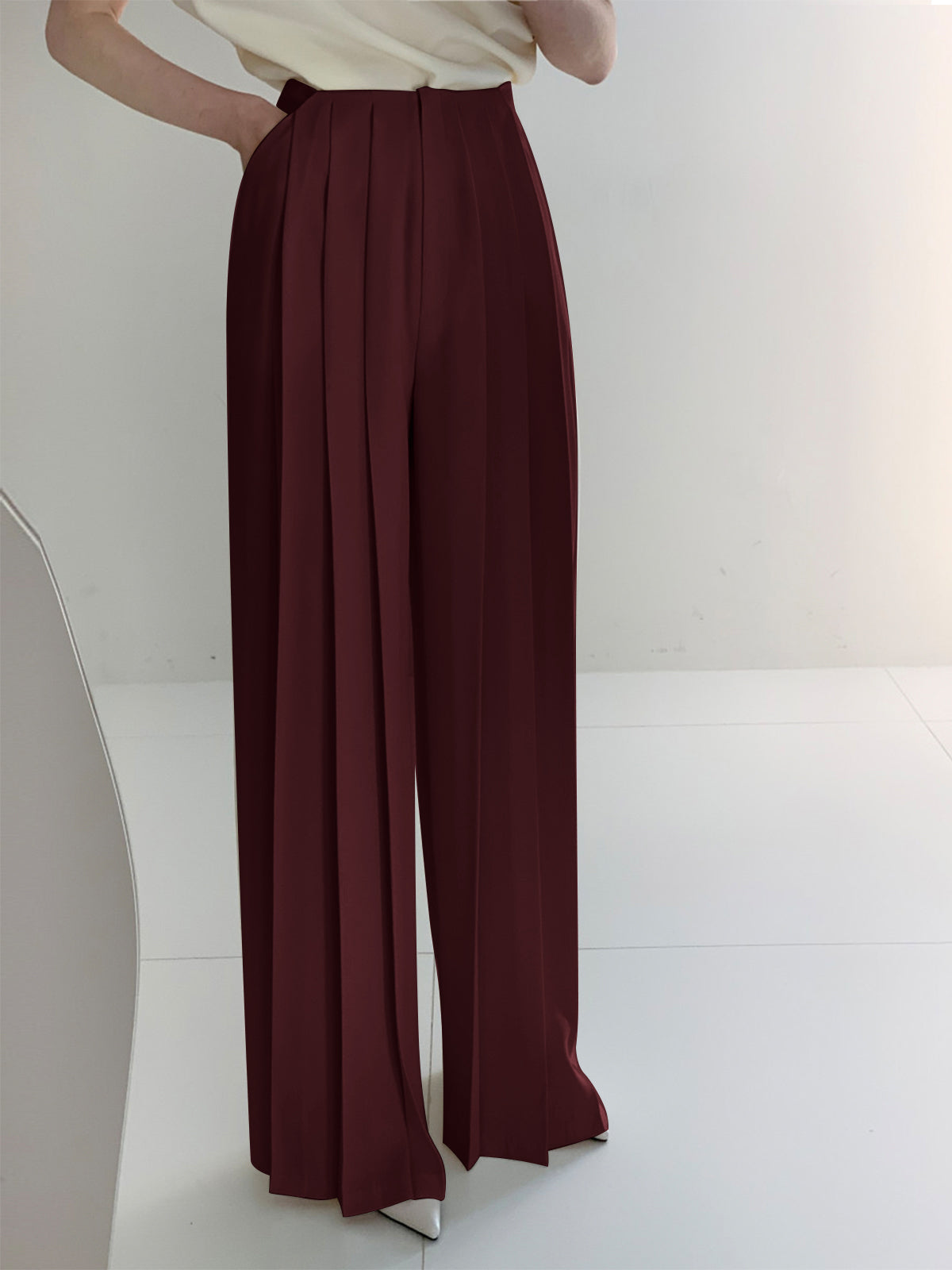 Women's Pleated Pants with Vertical Front Pleats and Ankle Length, Woven Fabric