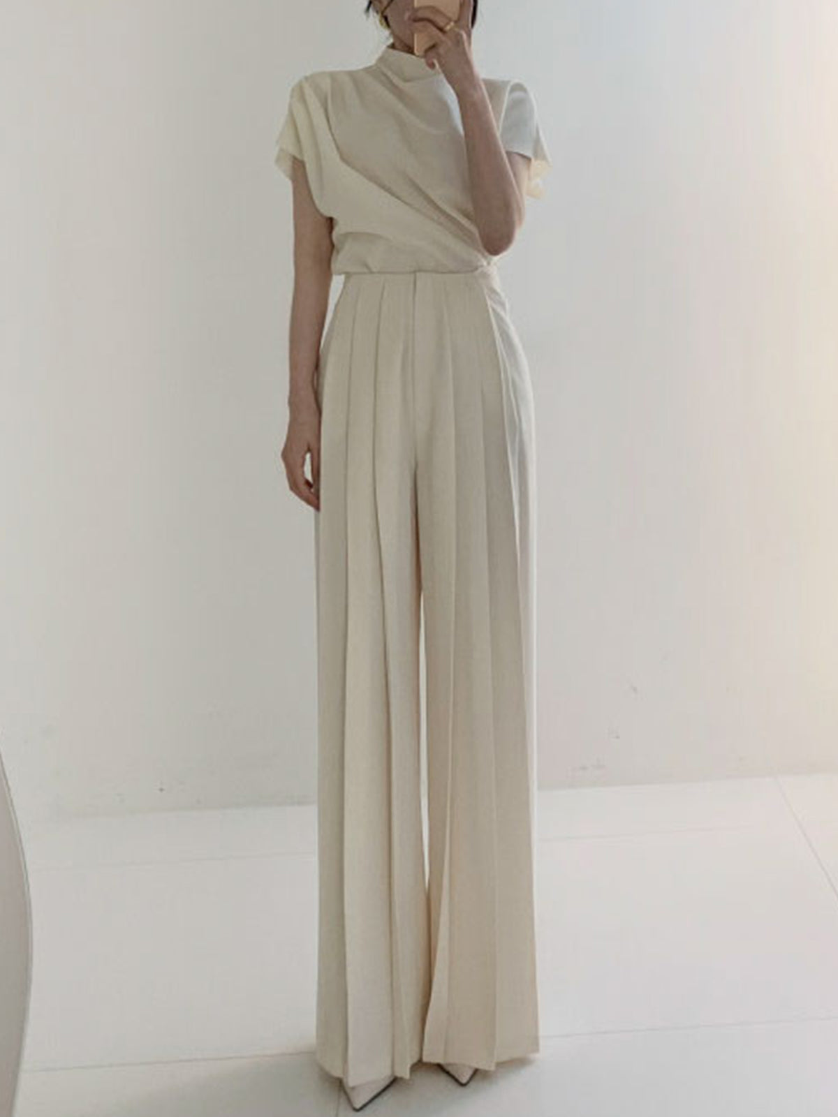 Women's Pleated Pants with Vertical Front Pleats and Ankle Length, Woven Fabric
