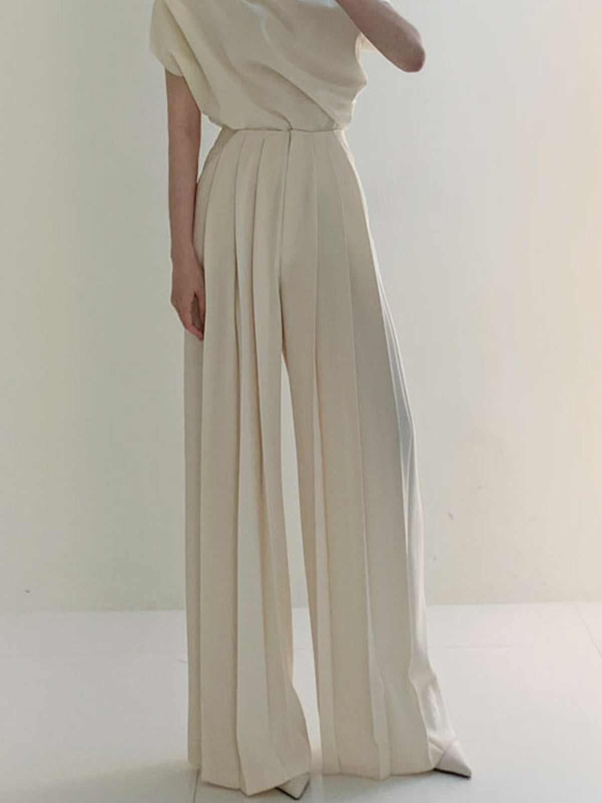 Women's Pleated Pants with Vertical Front Pleats and Ankle Length, Woven Fabric