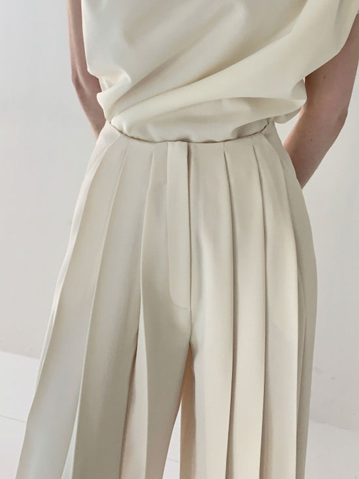 Women's Pleated Pants with Vertical Front Pleats and Ankle Length, Woven Fabric