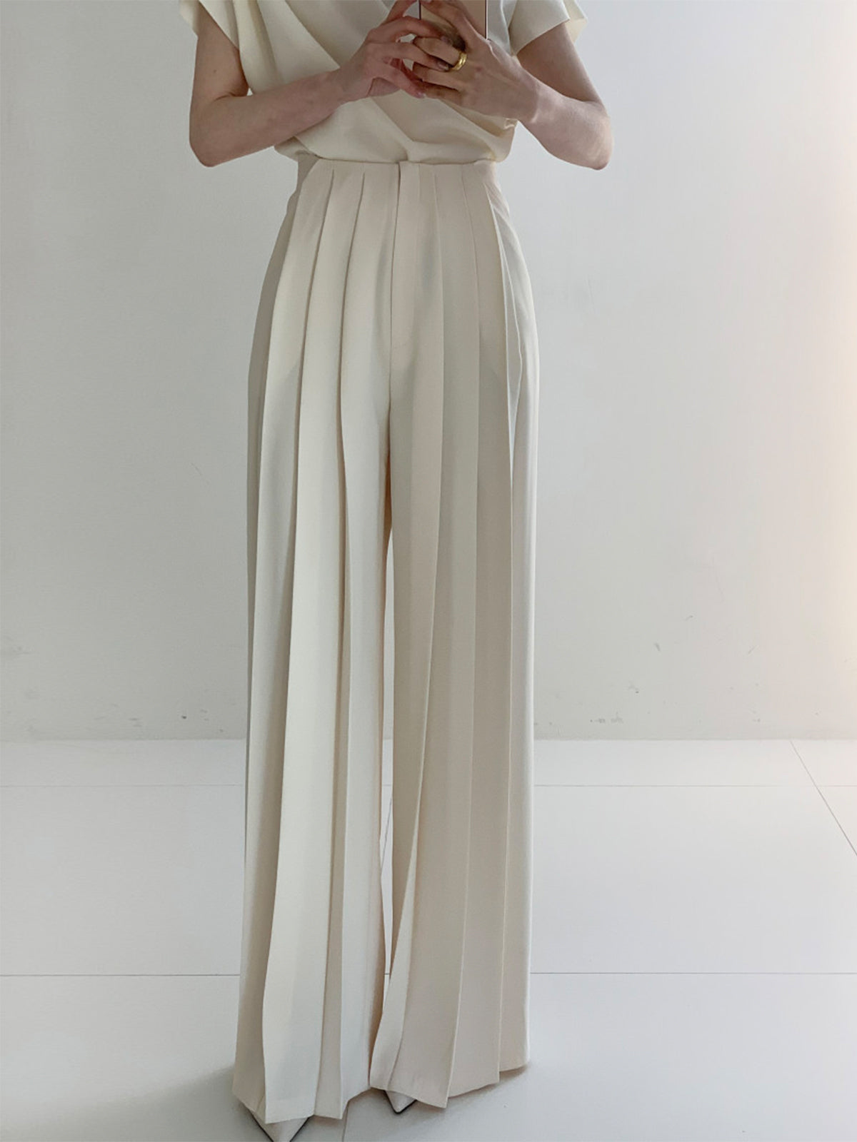 Women's Pleated Pants with Vertical Front Pleats and Ankle Length, Woven Fabric