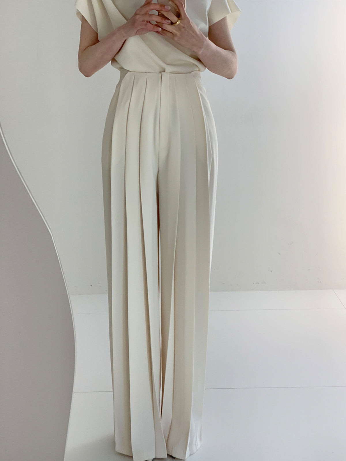 Women's Pleated Pants with Vertical Front Pleats and Ankle Length, Woven Fabric