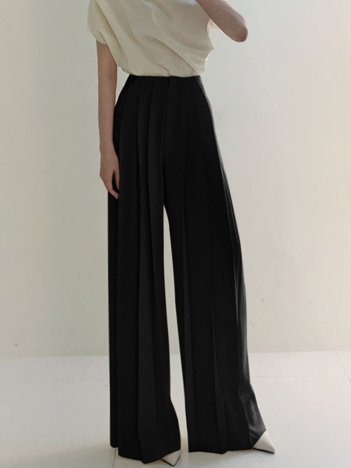 Women's Pleated Pants with Vertical Front Pleats and Ankle Length, Woven Fabric
