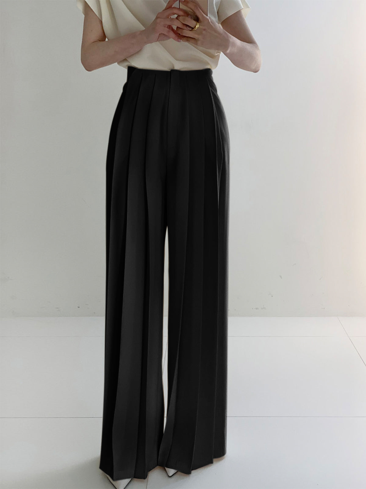 Women's Pleated Pants with Vertical Front Pleats and Ankle Length, Woven Fabric