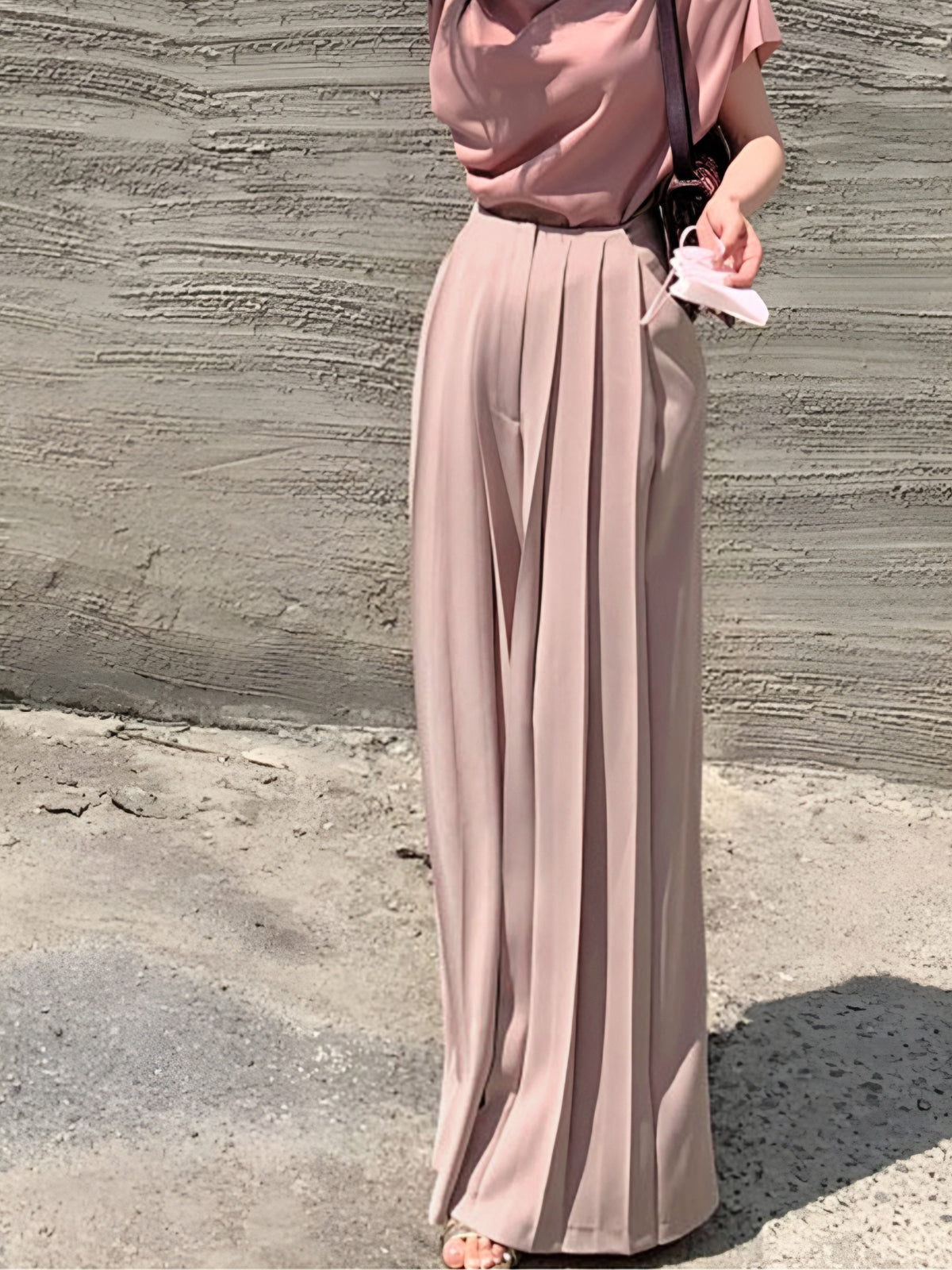 Women's Pleated Pants with Vertical Front Pleats and Ankle Length, Woven Fabric